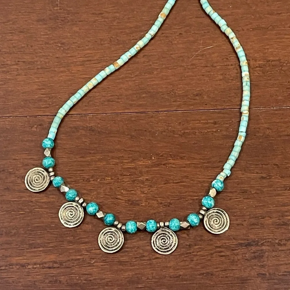 vintage Turquoise and Silver Beaded Necklace